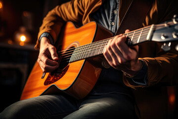 Obraz premium A close-up of a person's hand strumming a traditional acoustic guitar during a folk music performance. Generative Ai.