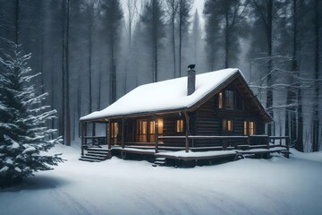 A blank space into an image of a cozy cabin in the woods during a winter snowfall