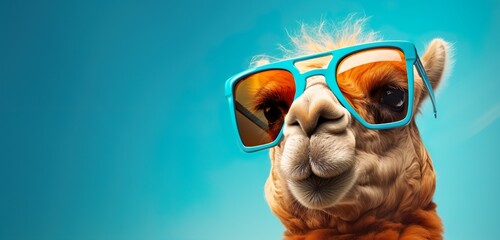 Stylish Desert Dweller: Camel Rocking Sunglasses, Advertising Banner, isolated on solid pastel background, generative Ai
