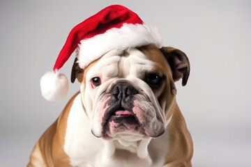 Bulldog dog dressed in Santa Claus hat, Christmas costume on white background. Season banner, poster