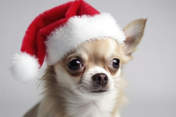 Portrait of Chihuahua dog dressed in Santa Claus hat, costume on white background. Season banner, poster