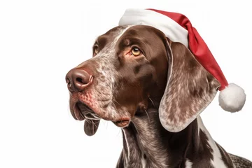 Fototapeten German shorthaired pointer dog dressed in Santa Claus hat, costume on white background. Season banner, poster © MarijaBazarova
