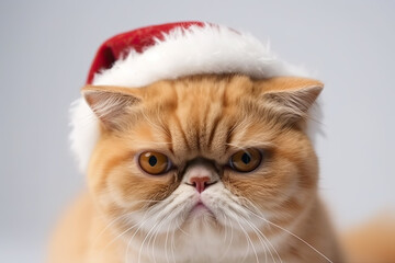 Portrait of Exotic shorthair yellow cat dressed in Santa Claus hat, costume on white background. Season banner, poster