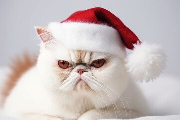 Portrait of Exotic Shorthair white cat dressed in Santa Claus hat, costume on white background. Season banner, poster