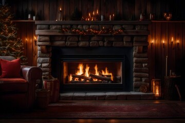 A cozy fireplace in a cabin during a snowstorm