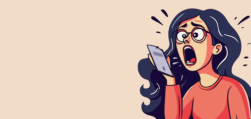 Vector illustration cartoon of a stressed woman holding her phone and sending voice messages. Copy space