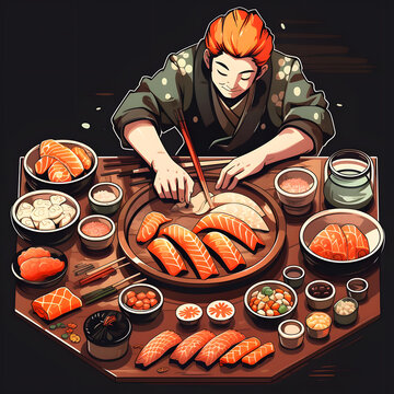 Clipart Of A Chef Crafting Visually Stunning Sushi Platters For A Special Occasion Generative AI