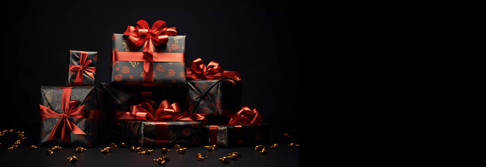chiristmas or Black Friday gifts or presents in black and red on a black background