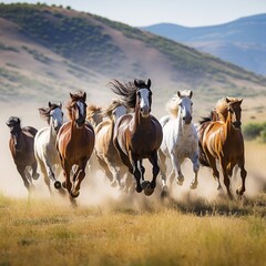 Fototapeta na wymiar . A group of wild horses running freely across a vast, open grassland. 