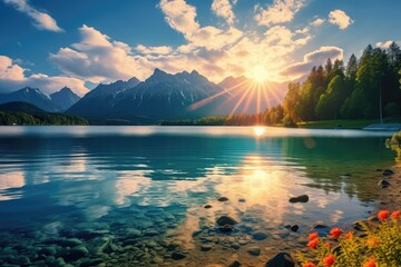 Tranquil Sunrise over Mountain Lake