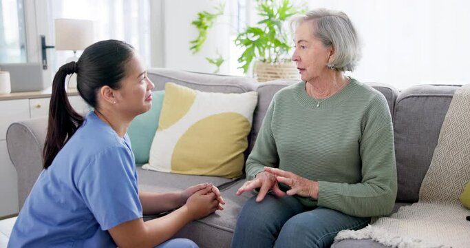 Healthcare nurse, senior woman and consultation for therapy in nursing home for medical wellness and hospital support on sofa. Doctor, patient and caregiver with happiness and conversation on couch