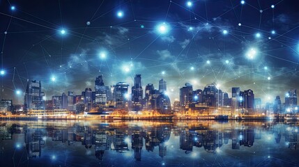 Modern city with wireless network connection and urban landscape concept, wireless network and technology connection with city background at night.