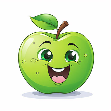 Illustration of a cute green apple face cartoon on white, generative ai
