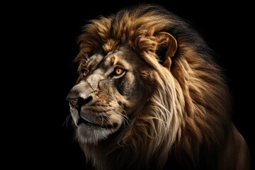 lion on black background looking directly at the camera