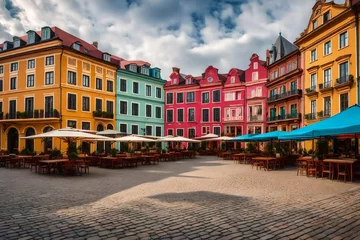 Papier Peint photo Brugges A historic city square into an image of colorful buildings and lively cafes