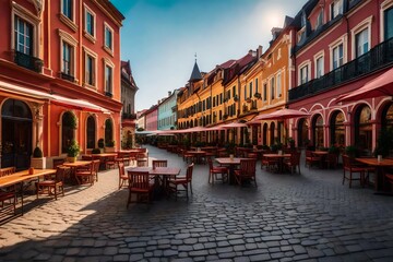 A historic city square into an image of colorful buildings and lively cafes - obrazy, fototapety, plakaty