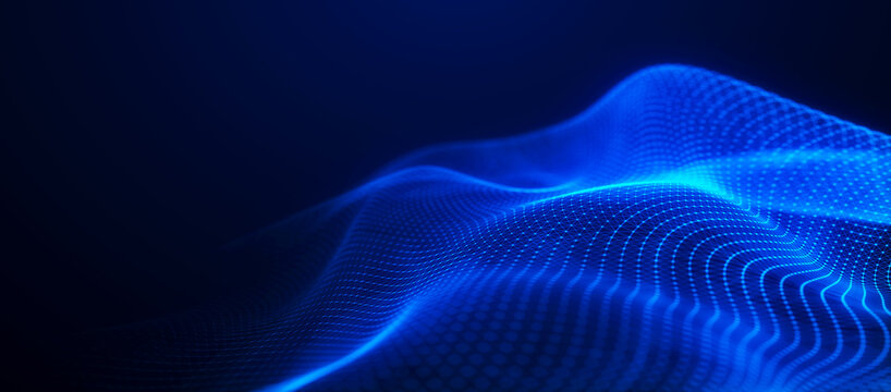 Digital technology background. Dynamic wave of glowing points. Colored music wave. Futuristic background for presentation design. 3d rendering. 3d Widescreen. © Viktor