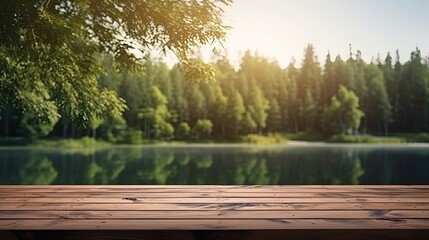 Obraz premium table top with blur background of summer lakes green forest, Advertisement, Print media, Illustration, Banner, for website, copy space, for word, template, presentation
