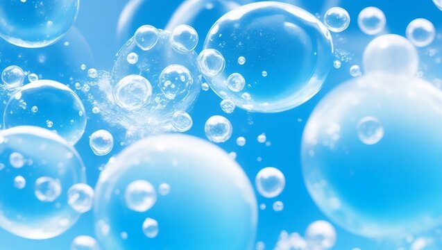 Goods with bubbling fizz and revitalizing cleanliness or energy. Defocus bokeh blurred translucent effervescent blue gas bubbles floating in space in a studio photo.