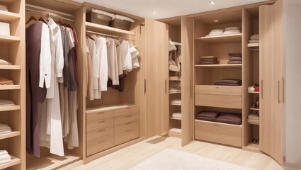 Fototapeta na wymiar Luxury show home bedroom furniture interior design and decor with walk-in wooden wardrobe.