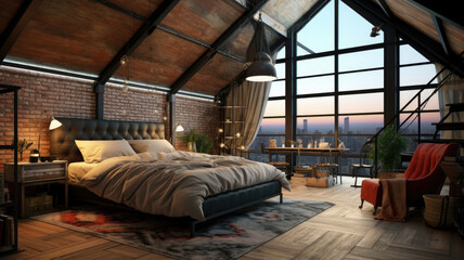 A huge bedroom in the attic of the house with large panoramic windows. A cozy bedroom with a view of the city.