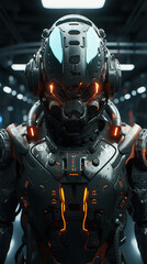 Fototapeta premium Portrait soldier. Game character. Space cyberpunk soldier. With gas mask on distant planet. worn clothes. Hunter and intergalactic explorer.