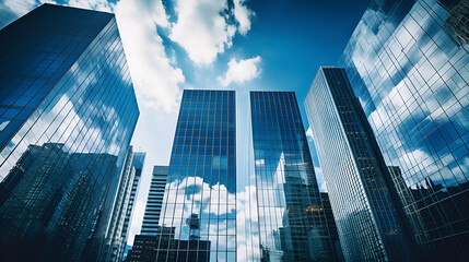 Modern business office buildings in a downtown setting. The low-angle perspective highlights the glass curtain wall details, with the windows reflecting the serene blue sky and billowing white clouds.