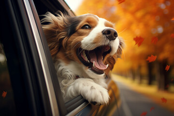 Generative AI photo of a happy dog peeks out of a car window while driving through a autumn orange trees along the road