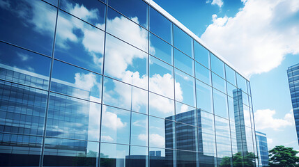 Modern business office buildings in a downtown setting. The low-angle perspective highlights the glass curtain wall details, with the windows reflecting the serene blue sky and billowing white clouds.