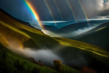 A stunning rainbow stretching across a misty valley
