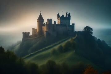 Fototapeta na wymiar An artistic representation of a medieval castle on a misty hill