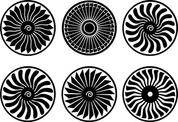 Turbine, jet engine, airplane fan isolated icons set. Mechanical device generating energy pictograms collection. Airplane turbine, engine power, blades, fan in high HD resolution. - obrazy, fototapety, plakaty