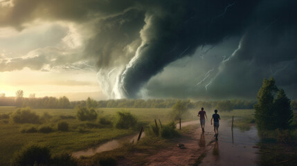 Fototapeta premium Survival in the Storm: Escaping the Oncoming Tornado's Fury.