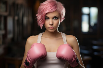 Attractive woman in pink boxing gloves and pink clothes at training