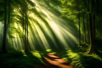 Fototapeta premium Enchanted Woodlands: Captivating Sunlight Filtering Through the Lush Green Forest