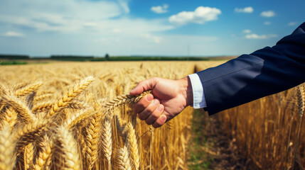 Two businessmen in a jacket and shirt shake hands while concluding a grain and wheat trade close-up, next to a wheat field and blue sky. Handshake of two men.