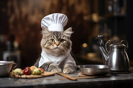 Cat dressed as a chef prepares food