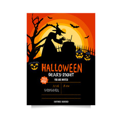 Halloween party invitation with a witch making a potion in full moon with pumpkins and bats