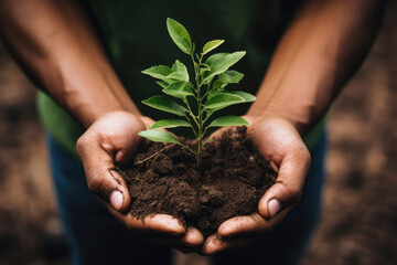 hands holding plant sprout tree with soil