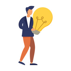 Brainstorming, project management, generating new ideas, finding solutions, product development. A man with a light bulb. Illustration in flat style.