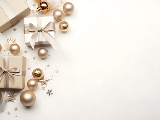 Silver and gold Christmas presents and ornaments flatlay background with empty space