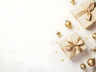 Fototapeta na wymiar Gold Christmas presents and decorations flatlay background with empty space