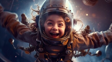 Aviator Girl, excited, flying above clouds in the sky. Generative AI image weber.