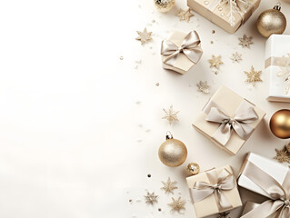 Fototapeta na wymiar Top view of silver and gold Christmas presents and ornaments flatlay background with empty space