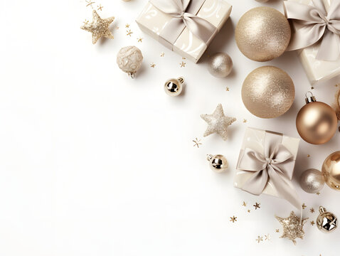 Silver and gold Christmas presents and ornaments flatlay background with empty space