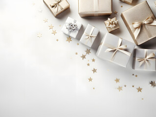 Silver and gold Christmas presents flatlay background