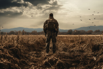 military man looks at a wheat field spoiled by military equipment - obrazy, fototapety, plakaty