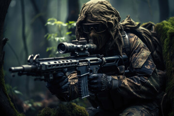 Fototapeta na wymiar army elite troops sniper with a rifle with a telescopic sight