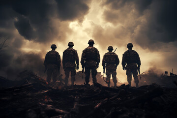 Silhouettes of the military in uniforms in the fog on the background of the battlefield