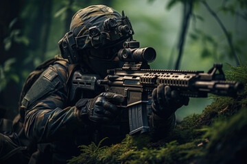 Fototapeta premium army elite troops sniper with a rifle with a telescopic sight and a night vision device
